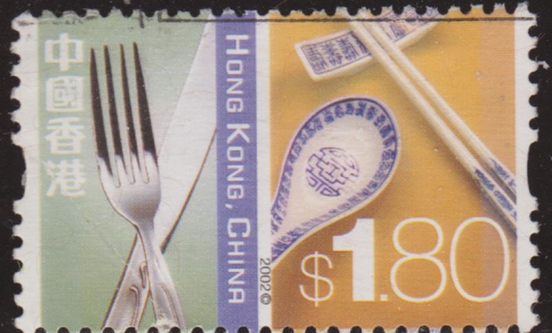 z vendido China Hong Kong 2002 Scott 1003 Sello º Pâques Pascua Eastern & Western cultures Silverware Chopsticks & Spoon 1,80$ Utilisé usado
